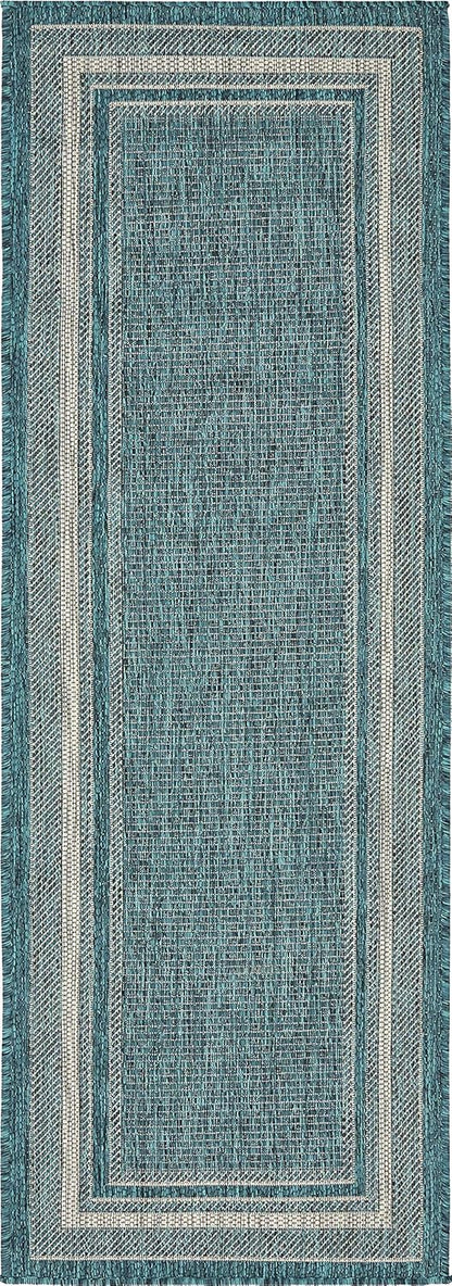 Unique Loom Outdoor Border Collection Area Rug - Soft Border (2'x 6' 1" Runner, Teal/ Ivory)