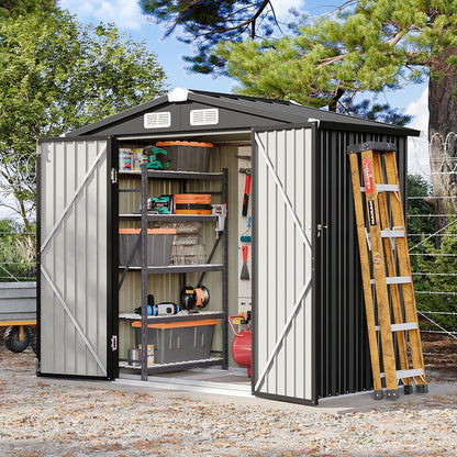 6x4 FT Outdoor Storage Shed with Base, Metal Garden Tool Shed with Sloping Roof & Lockable Door for Patio Lawn Backyard (Black with Base)