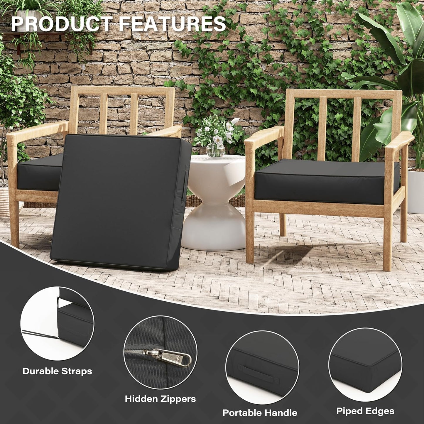 Patio Chair Cushions 24 X 24 X 5 Inch Waterproof Outdoor Seat Cushions for Patio Furniture, Outdoor Sofa Couch Pads with Ties & Handle, Set of 2, Grey