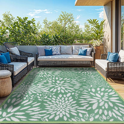 8'x10' Reversible Outdoor Rug - Eco-Friendly Plastic Straw Rug-Heavy-Duty Waterproof Mat, UV & Fade Resistant for Patio, Camping, RV, Deck, Balcony(8x10,Lake Blue&Floral)