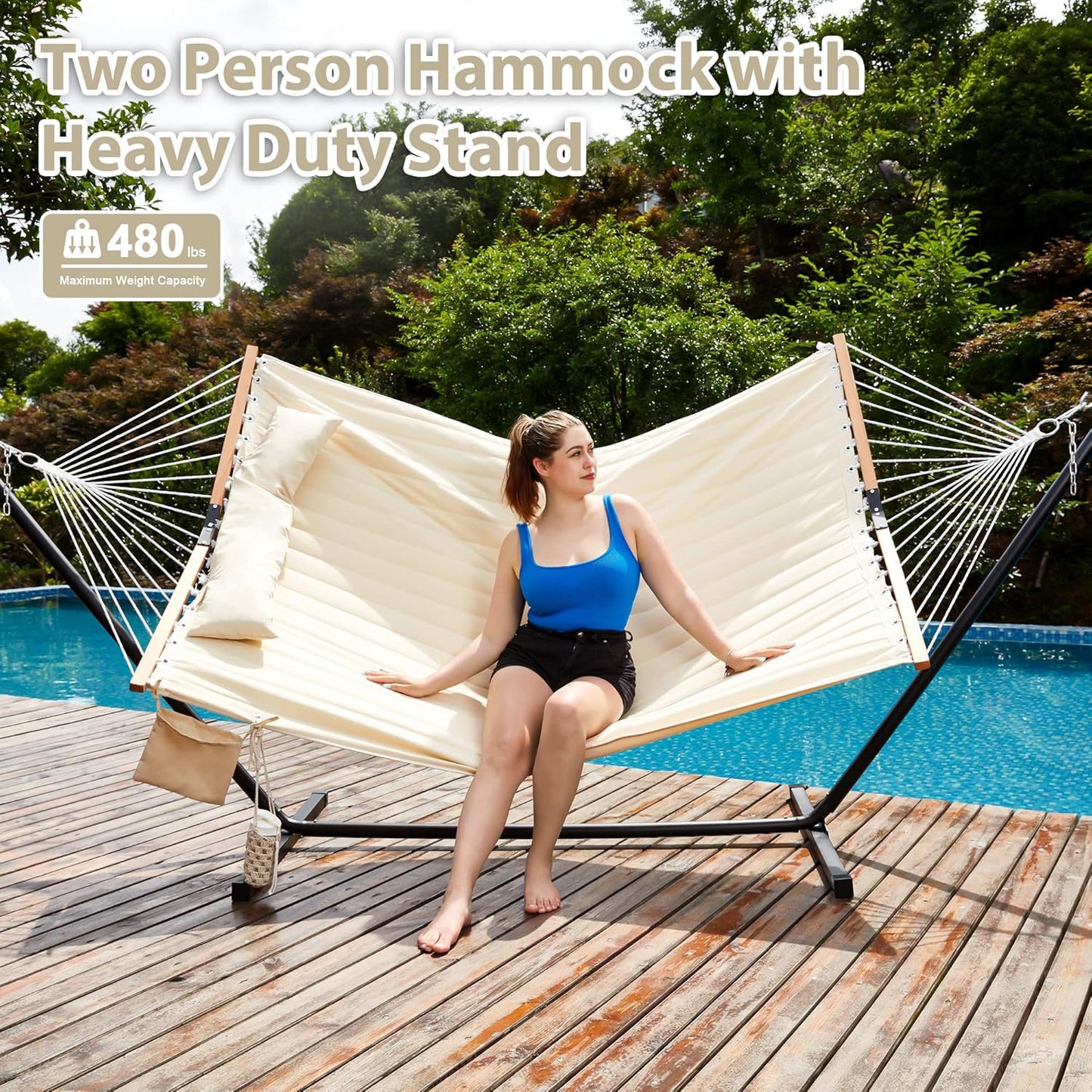 Two Person Hammock with Stand Heavy Duty, Outdoor Patio Hammock with Portable Steel Stand, Large Double Hammocks,480lbs Capacity.(Off White)
