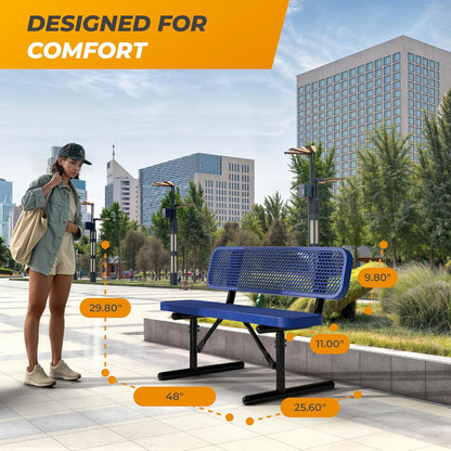 Heavy-Duty Outdoor Metal Bench, Thermoplastic-Coated, Portable, Weatherproof, Commercial-Grade for Parks, Gardens, Patios, Stores & More (4 Ft - Portable with Back, Blue)