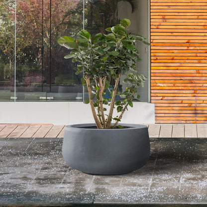 Kante 11.8" Dia Round Concrete Planter, Cement Plant Pots with Drainage Hole and Rubber Plug for Outdoor Indoor Garden Home, Modern Curvaceous Design, Dark Gray