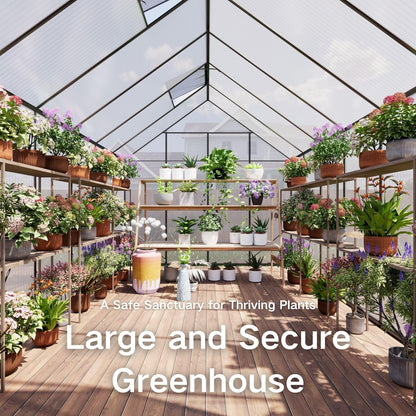Kingdura 8x12ft Walk-in Greenhouse for Outdoors, Large Polycarbonate Greenhouses with Heavy Duty Aluminum Frame, Adjustable Roof Vent, Lockable Door, UV Protection for Outside Garden Backyard