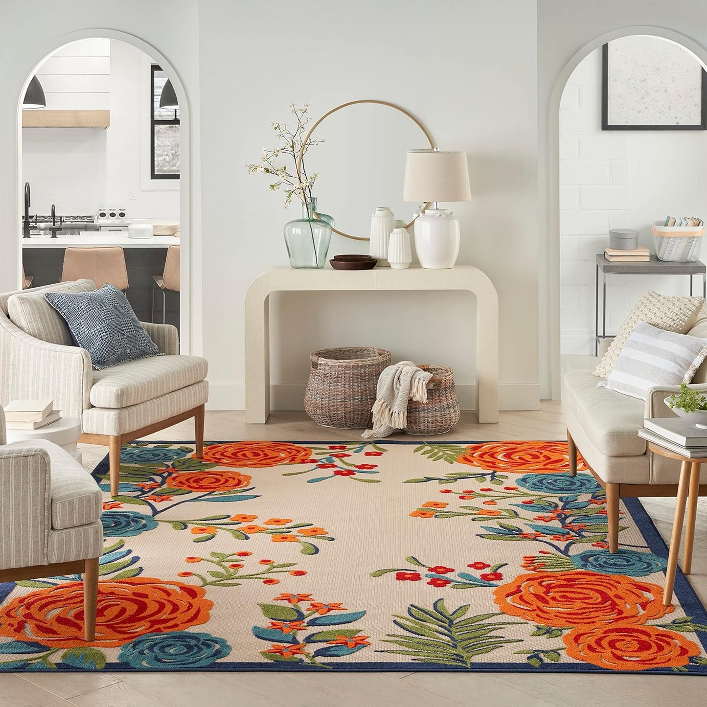 Nourison Home Aloha Indoor/Outdoor Modern Multicolor 5'3" x 7'5" Area Rug, Easy Cleaning, Non Shedding, Bed Room, Living Room, Dining Room, Kitchen (5x7)