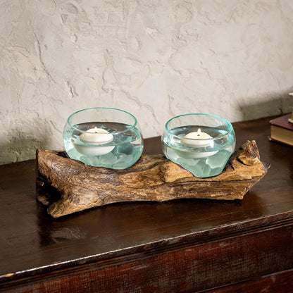 Cape Craftsmen Set of 2 Terrariums | Hand-Blown Blue Tinted Bubble Glass On Natural Teak Driftwood Terrarium | Home Décor Indoor Planter with Stand | Pot for Succulent and Plants