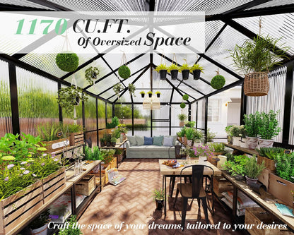 Jocisland 16x12x9.5 FT Polycarbonate Greenhouse- 6 FT Wall Height Outdoor Aluminum Greenhouses with 2 Ventilation and Rain Gutter, Double Doors with Hook, Walk-in Greenhouse for Backyard Garden