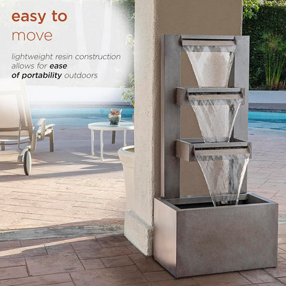 Alpine Corporation CPS182 Outdoor Metal Multitiered Waterfall Floor Fountain Industrial Style Water Feature for Garden, Patio, Yard, Backyard, Relaxing Water Flow, and Serene Landscaping, Gray