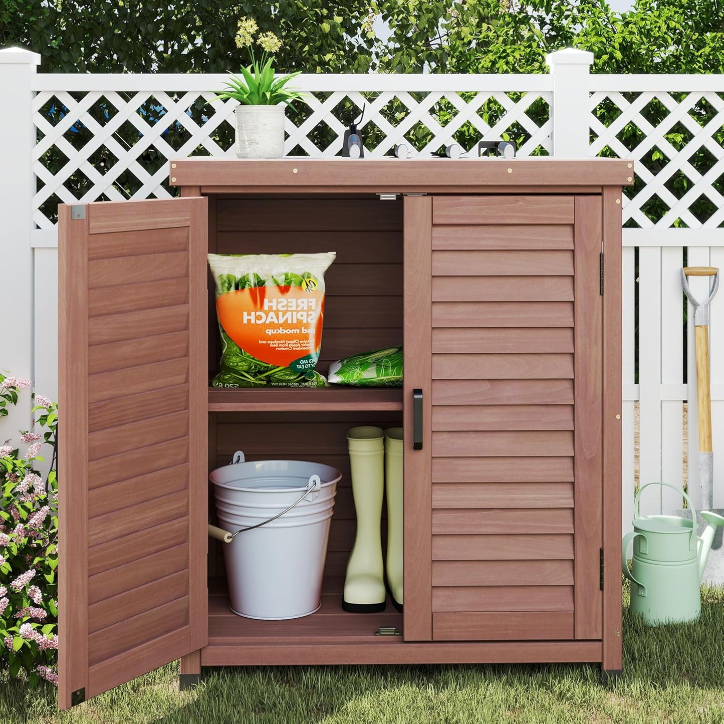 Outdoor Storage Cabinet & Potting Bench Table with Metal Top, Wooden Patio Furniture, Garden Workstation (Dark Brown, 36x31x17in)
