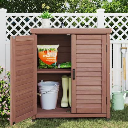 Outdoor Storage Cabinet & Potting Bench Table with Metal Top, Wooden Patio Furniture, Garden Workstation (Dark Brown, 36x31x17in)