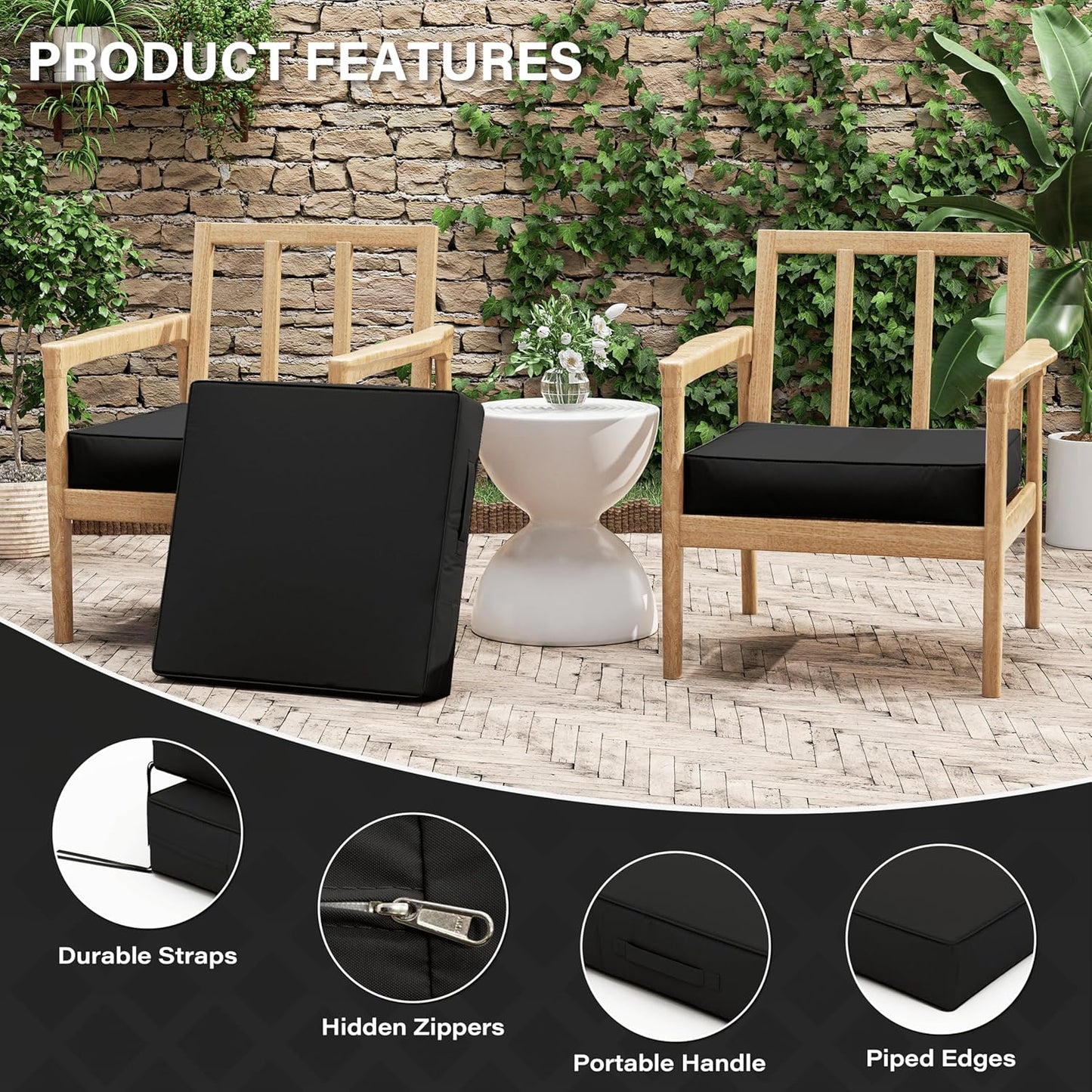 Patio Chair Cushions 22 X 22 X 4 Inch Waterproof Outdoor Seat Cushions for Patio Furniture, Outdoor Sofa Couch Pads with Ties & Handle, Set of 2, Black