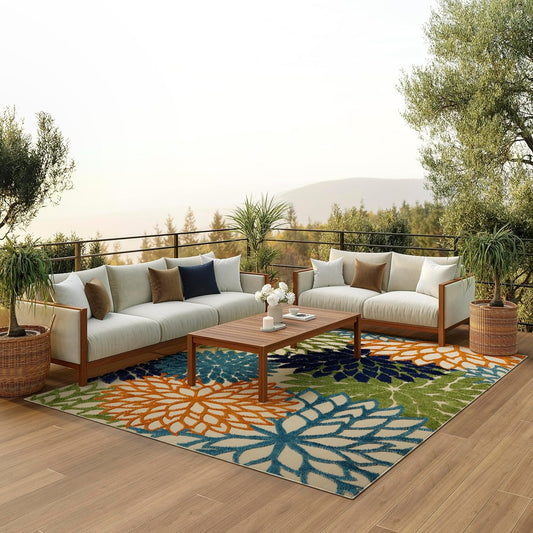 Nourison Aloha Indoor/Outdoor Multicolor 7'10" x 10'6" Area Rug, Tropical, Botanical, Easy Clean, Non Shedding, Bed Room, Living Room, Dining Room, Deck, Backyard, Patio (8x10)