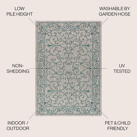 JONATHAN Y SMB106E-6 Charleston Vintage Filigree Textured Weave Gray/Teal 6 ft. x 9 ft. Indoor/Outdoor Area Rug, Pet Friendly, Non-Shedding, Stain Resistant, Easy-Cleaning for Backyard, Patio, Porch