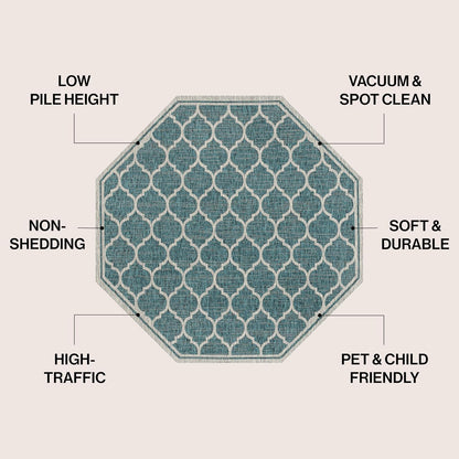 Eyely BMS109E-5TGN Trebol Moroccan Trellis Textured Weave Teal/Gray 5' Octagon Indoor/Outdoor Area Rug, Teal/Gray, 5' Octagon, Indoor/Outdoor, Area Rug
