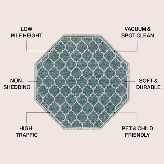 Eyely BMS109E-8TGN Trebol Moroccan Trellis Textured Weave Teal/Gray 8' Octagon Indoor/Outdoor Area Rug, Teal/Gray, 8' Octagon, Indoor/Outdoor, Area Rug