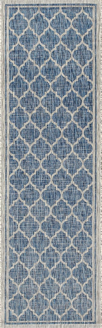 Eyely BMS109D-210 Santa Monica Trebol Moroccan Trellis Textured Weave Indoor/Outdoor Runner Rug Coastal;Bohemian, Bedroom, Backyard, Patio, Easy-Cleaning, Non-Shedding, 2 X 10, Navy/Gray