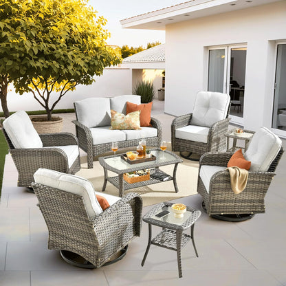 ovios 8 Pieces Patio Furniture Set, Outdoor Wicker Sofa with Swivel Chairs, Coffee Table, All Weather High Back Rattan Loveseat Couch with Comfy Cushions, Grey