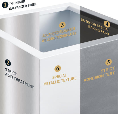 Metallic Heavy Tall Outdoor/Indoor Planter Box, Seamless Metal Planter, Rectangular, 14”Lx14”Wx30”H, ‎25 Pounds Each, Pure White, No Assembly and Seamless, Set of 2