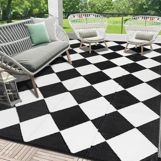 HEBE Outdoor Rug Waterproof 9x12, Reversible Plastic Straw Rug RV Camping Rug, Indoor Outdoor Patio Mat Clearance, Outside Carpet for Porch,Deck,Camper,Balcony,Backyard,Picnic