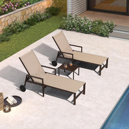 PURPLE LEAF Pool Lounge Chairs Set of 3 Aluminum Outdoor Lounge Chairs with Wheels and Armrests Adjustable Patio for Deck Outside Lawn Garden, Light Tan