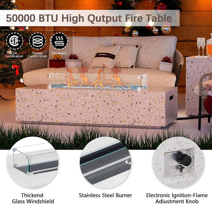 8 Piece Patio Furniture Set - Outdoor Conversation Sets with 56" Fire Table and Coffee Table, Rattan Modular Sofa Set for Garden/Poolside, Beige/Brown