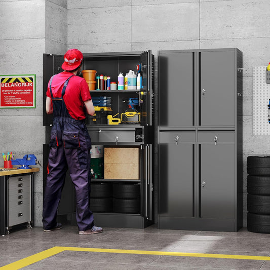 Garage Storage Cabinet, Metal Storage Cabinet with 2 Drawers and 2 Adjustable Shelves, Metal Lockers with Pegboards for Homes, Offices, Kitchens, Schools and Pantries