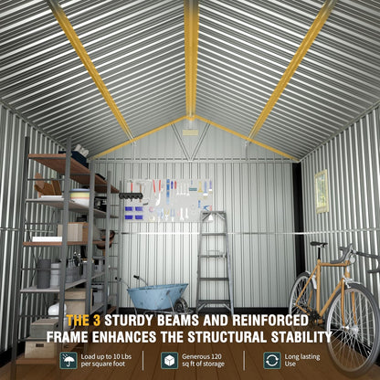 10x12 Ft Outdoor Storage Shed, Extra Large Metal Shed with Frame Floor, Lockable Doors, 2 Windows, Outside Steel Tiny House Ideal for Garden, Backyard, Patio Utility, Tool Storage