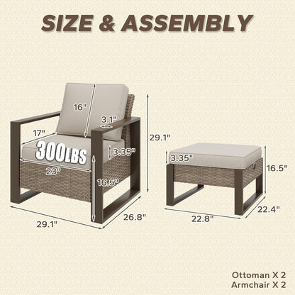 Outdoor Wicker Metal Chairs Set of 2 with Two Ottomans - 4 Pieces Patio Bistro Set with Rectangular Framed Wood-Looking Metal Armrest & Removable Cushions for Poolside, Terrace, Beige