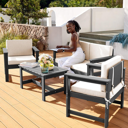 SERWALL 6 Pieces HDPE Outdoor Sofa Set with Cushions, Outdoor Conversation Couch Loveseat Furniture Set with Coffee Table for Balcony, Deck, Poolside, Grey Frame with Khaki Cushions
