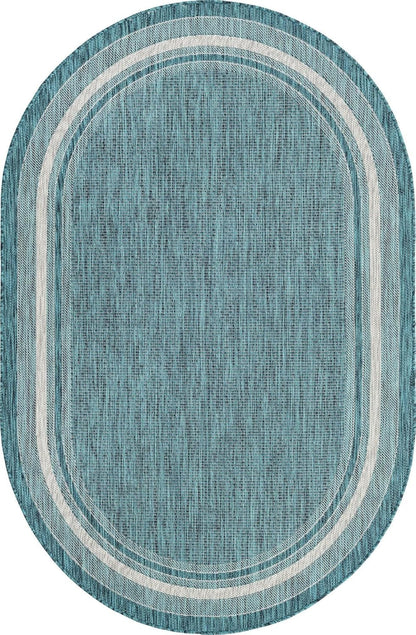 Unique Loom Outdoor Border Collection Area Rug - Soft Border (5' 1" x 8' Oval, Teal/ Ivory)