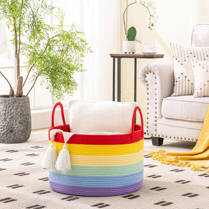 KAKAMAY Large Blanket Basket (20"x13"),Woven Baskets for storage Baby Laundry Hamper, Cotton Rope Blanket Basket for Living Room, Laundry, Nursery, Pillows, Baby Toy chest (Rainbow)