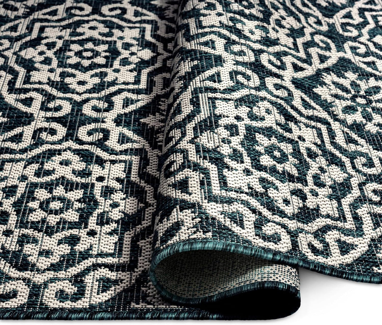 Nicole Miller New York Patio Country Julia Transitional Geometric Indoor/Outdoor Area Rug, Navy Blue/Ivory, 6'6"x9'2"