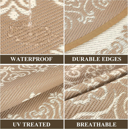 Pauwer Waterproof Outdoor Rug 6ft, Reversible Plastic Straw Patio Camping Rug, Indoor Outdoor RV Mat Carpet for Deck, Camper, Porch, Balcony, Backyard, Picnic, Floral Brown