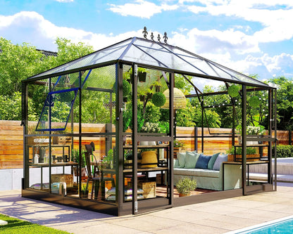 Jocisland 11x8.3x8.6 FT Polycarbonate Greenhouse with Clear Panels- 6 FT Wall Height Outdoor Aluminum Greenhouses with 2 Vents, Double Doors with Hook, Walk-in Greenhouse for Backyard Garden