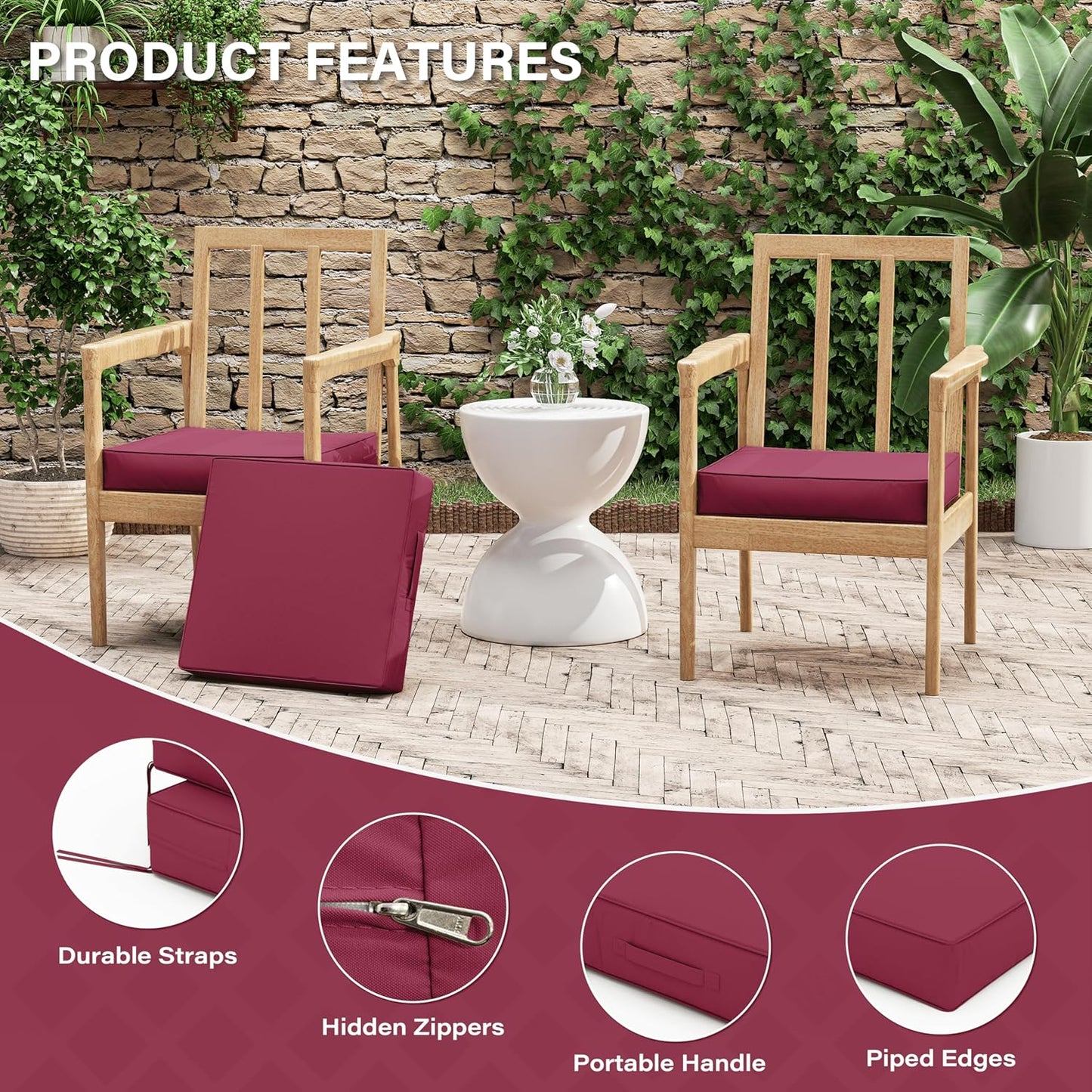 Patio Chair Cushions 17 X 16 X 3 Inch Waterproof Outdoor Seat Cushions for Patio Furniture, Outdoor Sofa Couch Pads with Ties & Handle, Set of 2, Fuchsiared