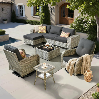 ovios 8 Pieces Patio Furniture Set Outdoor Sectional Sofa Couch with Rocking Swivel Chairs Deep Seat Chaise Comfy Cushions, Modern Modular Wicker Rattan Conversation Set, Black