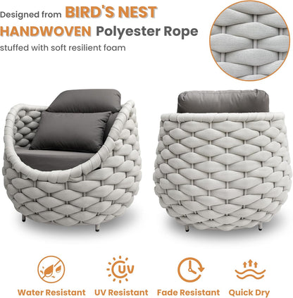 Front Porch Furniture Set 3 Piece: Aluminum Woven Rope Patio Conversation Sofa Set for 2 - Assembled Outdoor Deck Couch Armchair Set Cushions - for 400lb Balcony Pool Yard Bistro Hotel - Gray