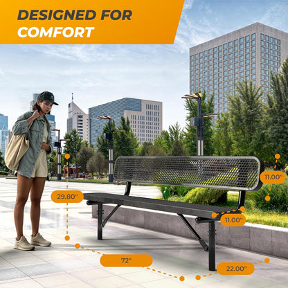 Heavy-Duty Outdoor Metal Bench, Thermoplastic-Coated, Inground, Weatherproof, Commercial-Grade for Parks, Gardens, Patios, Stores & More (6 Ft - Inground with Back, Black)