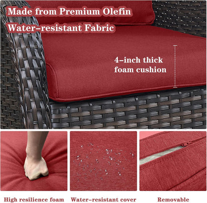 5 Piece Outdoor Patio Furniture Set - Wicker Furniture Patio Conversation Set, Outdoor Swivel Rocker Chairs with Loveseat Sofa and 2 Ottomans for Small Space, Red Cushion