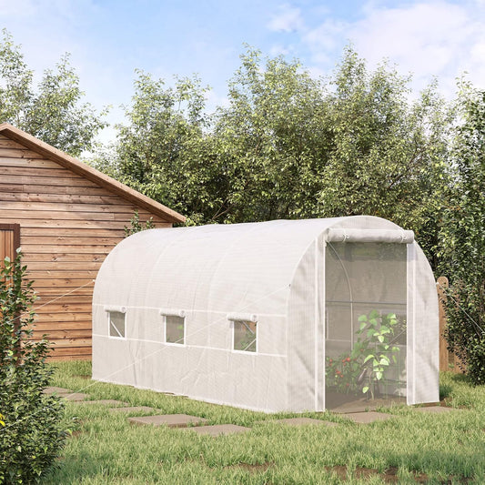 Outsunny 15' x 7' x 7' Walk-in Tunnel Greenhouse, Large Heavy Duty Garden Hot Green House Kit with 6 Roll-up Windows & Roll Up Door, Steel Frame for Garden Plants, White