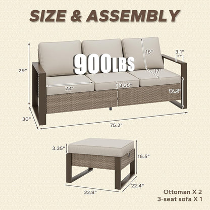 Wicker Patio 75" Sofa Set with Two Ottomans, All Weather Rattan Outdoor Conversation Furniture Set with Wood-Looking Metal Armrest for Deck Backyard Porch, Beige