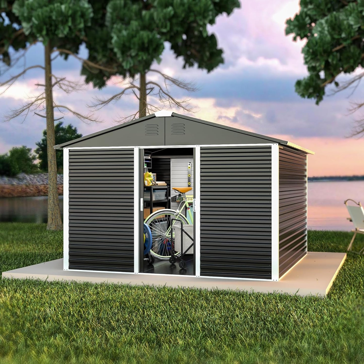 Metal Outdoor Storage Shed 10FT x 10FT, Steel Utility Tool Shed Storage House with Sliding Door, Metal Sheds Outdoor Storage for Backyard Garden Patio Lawn, Black
