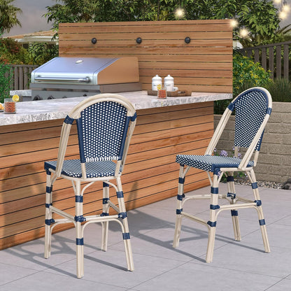 PURPLE LEAF French Bar Stool Set of 2 White Print Finish Patio Bar Stools with Back Rattan Chairs Wicker Bar Height Stool 30" with Footrest Kitchen Island Stools Outdoor Barstool Royal Blue