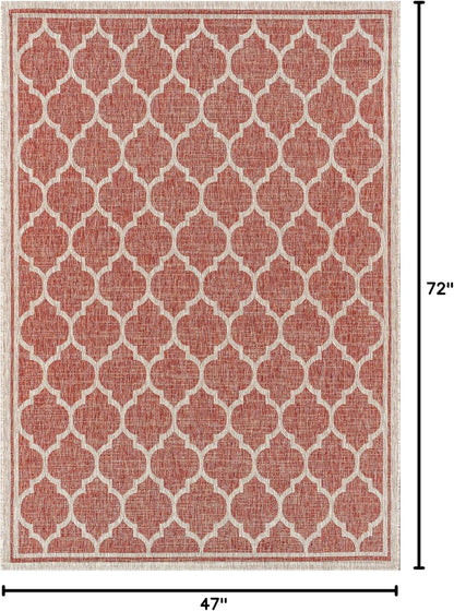 Eyely BMS109C-4 Santa Monica Trebol Moroccan Trellis Textured Weave Indoor/Outdoor Area Rug Coastal;Bohemian, Bedroom, Backyard, Patio, Easy-Cleaning, Non-Shedding, 4 X 6, Red/Beige