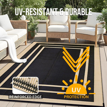 OLANLY Outdoor Rug 9x12 ft Waterproof, Reversible Outdoor Plastic Straw Rug, RV Mat, Indoor Outdoor Carpet Clearance for Patio, Camping, Balcony, Deck, Backyard, Black & Beige