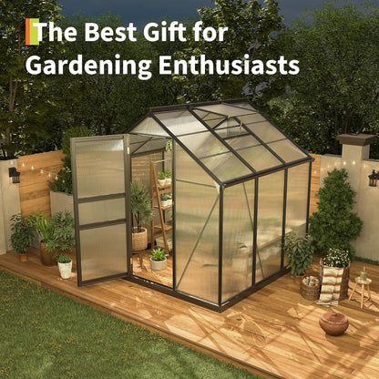 6*6 FT Outdoor Walk-in Greenhouse, Polycarbonate Green House, Heavy Duty Greenhouse with Vented Roof Window, Windproof Aluminum Frame, Suitable for Outside Gardening, Backyard, Patio