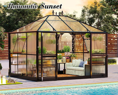 Jocisland 11x8.3x8.6 FT Polycarbonate Greenhouse- 6 FT Wall Height Outdoor Aluminum Greenhouses with 2 Ventilation and Rain Gutter, Double Doors with Hook, Walk-in Greenhouse for Backyard Garden