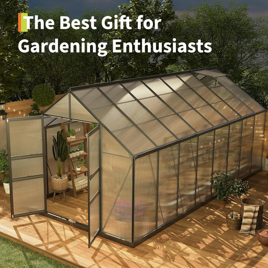 8*16 FT Outdoor Walk-in Greenhouse, Polycarbonate Green House, Heavy Duty Greenhouse with Vented Roof Window, Windproof Aluminum Frame, Suitable for Outside Gardening, Backyard, Patio