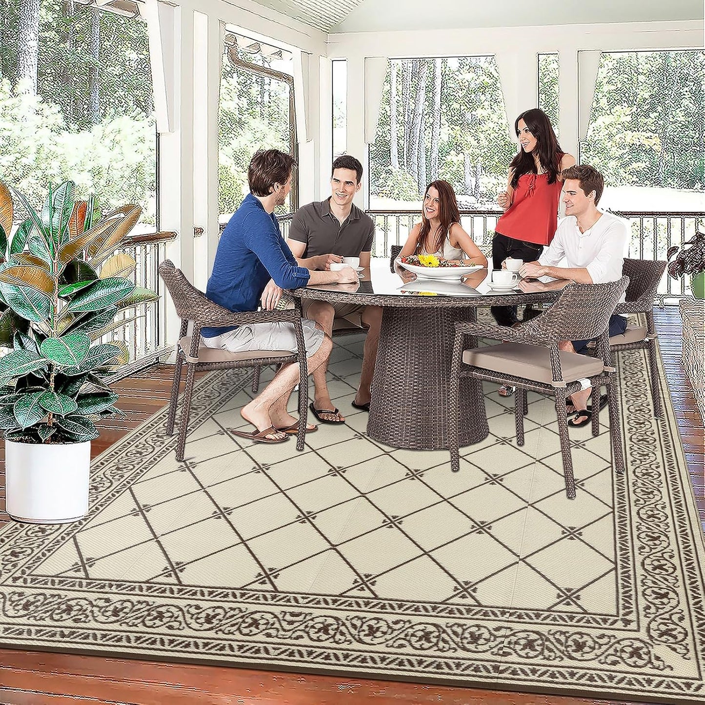 HiiARug Outdoor Rugs 9x12 for Patios Clearance Brown Camping Rug for RV Outside, Reversible Waterproof Plastic Straw Rug Large Outdoor Rug for Porch Beach Picnic Camper
