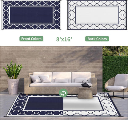 GENIMO 8' x 16' Outdoor Rug Waterproof for Patio, Foldable Reversible Plastic Straw Area Rugs Mat for Rv Decor, Outside Carpet for Camper, Deck, Picnic, Beach, Balcony, Porch, Blue & White